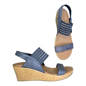 Skechers Denim-Style Blue Cork Wedge Sandals